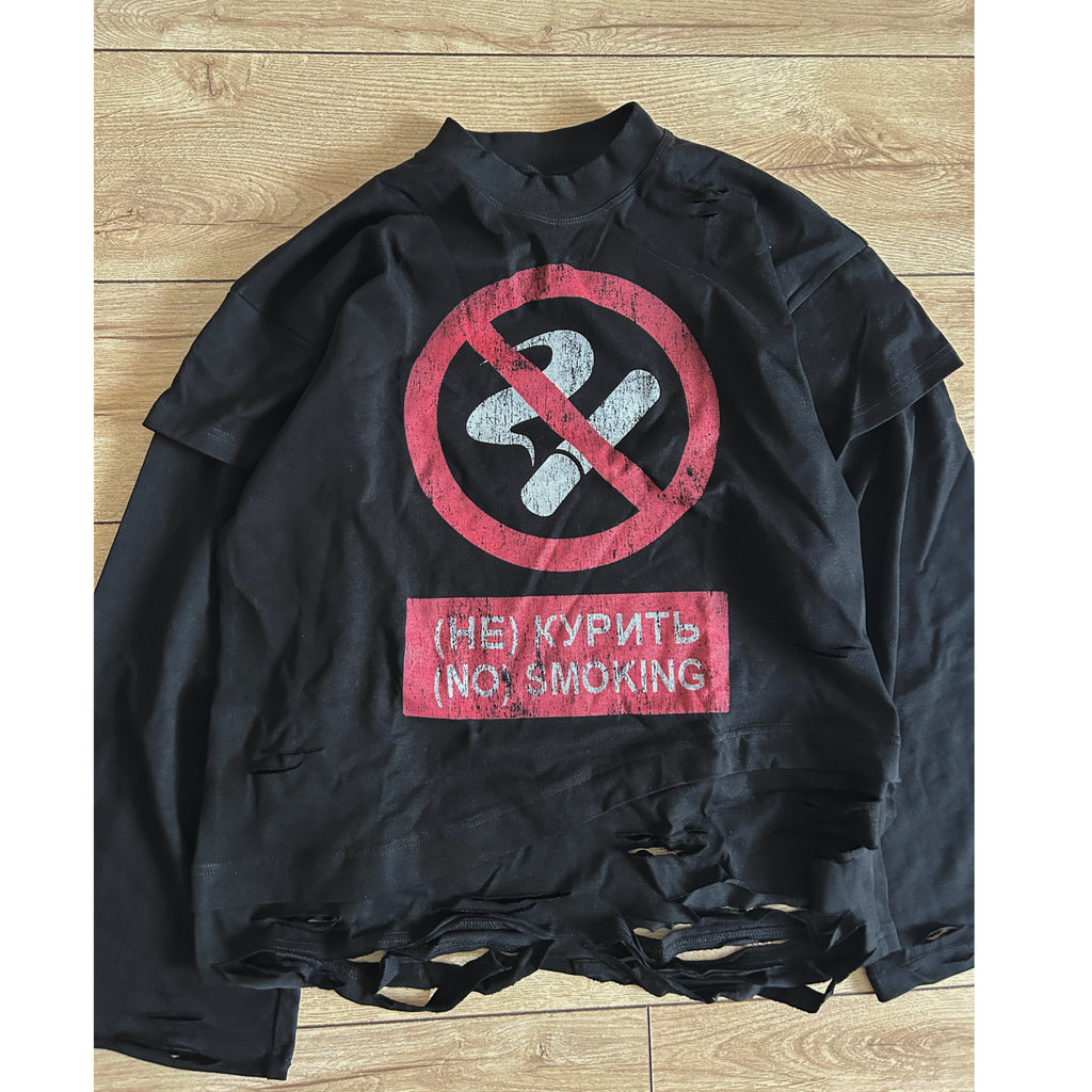 DISTRESSED BLACK LONGSLEEVE "NO SMOKING"