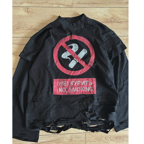 DISTRESSED BLACK LONG-SLEEVE "NO SMOKING"