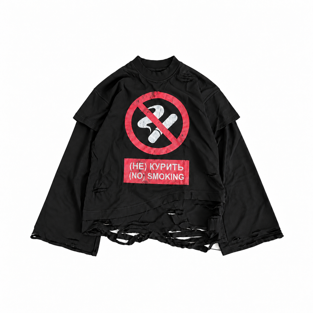 DISTRESSED BLACK LONG-SLEEVE "NO SMOKING"