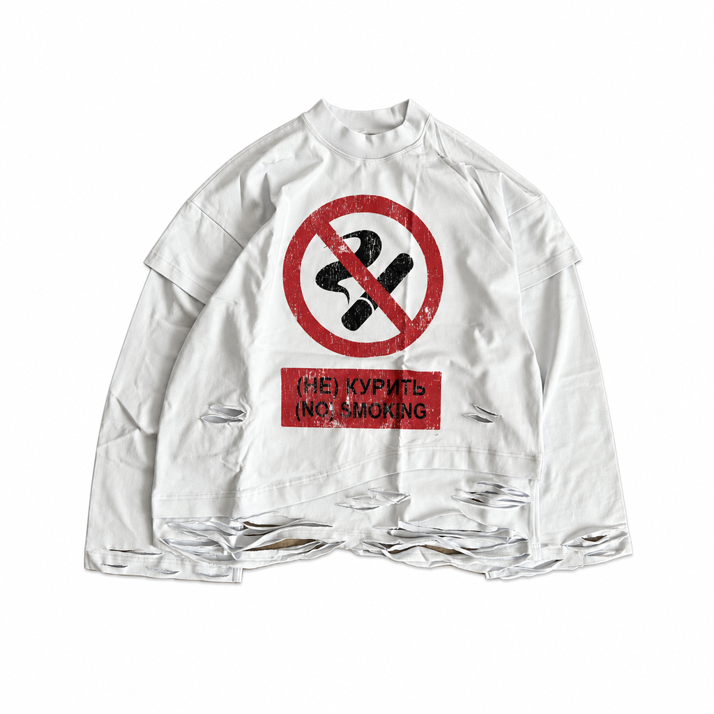 DISTRESSED WHITE LONG-SLEEVE "NO SMOKING"