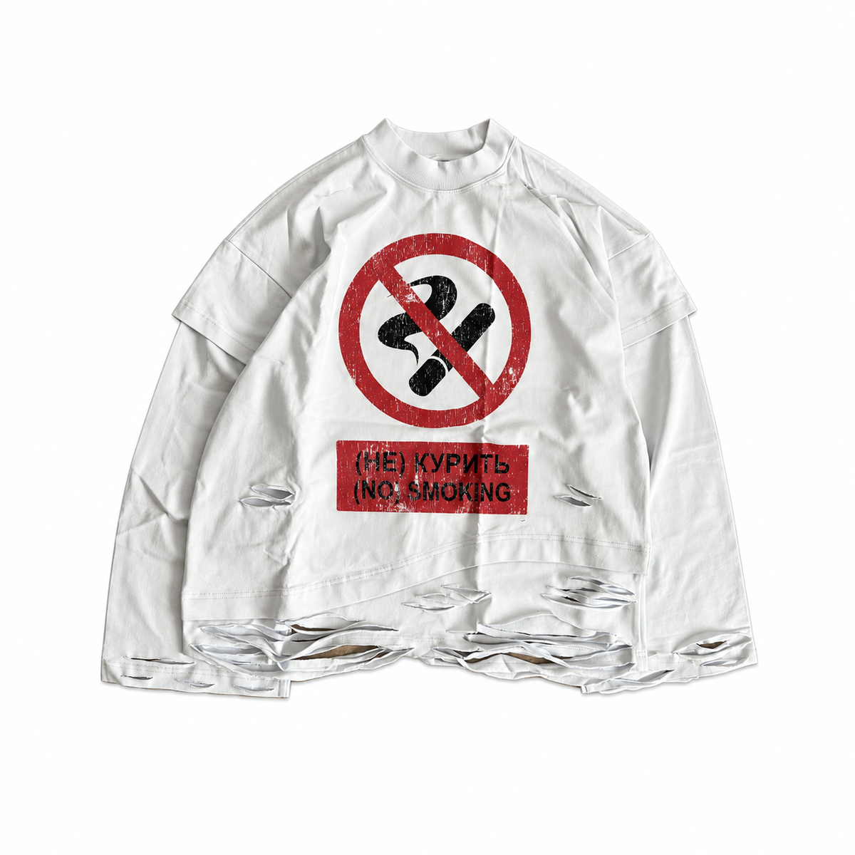 DISTRESSED WHITE LONG-SLEEVE "NO SMOKING"